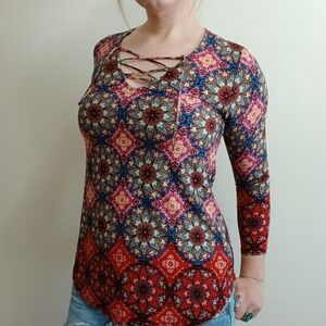 Colorful laceup mandala print boho top